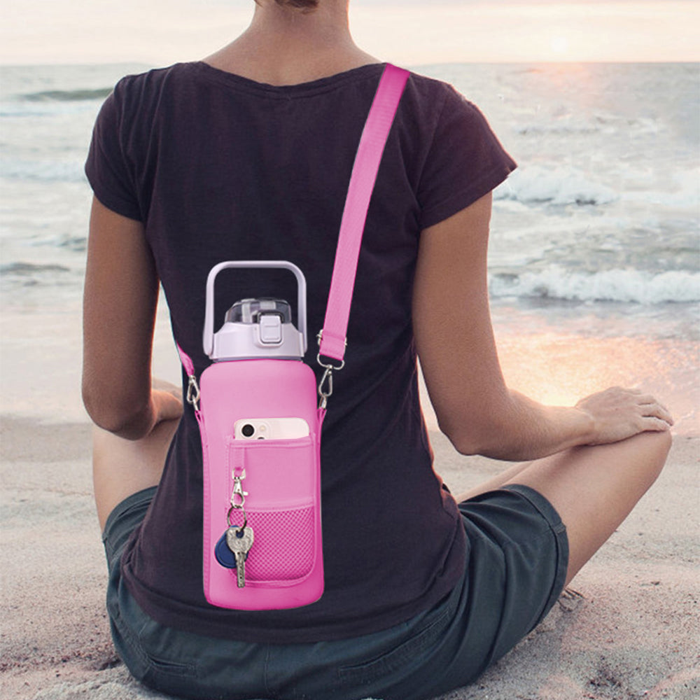 Water Bottle Carrier Bag Neoprene 2L Bottle Pouch Holder Adjustable Shoulder with Pocket for Travelling -Pink