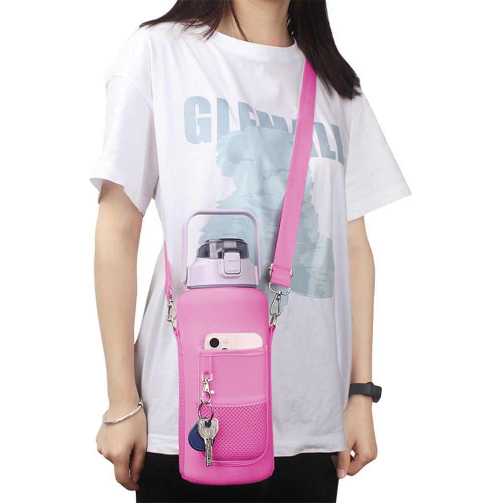 Water Bottle Carrier Bag Neoprene 2L Bottle Pouch Holder Adjustable Shoulder with Pocket for Travelling -Pink