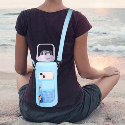 Water Bottle Carrier Bag Neoprene 2L Bottle Pouch Holder Adjustable Shoulder with Pocket for Travelling -Blue