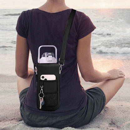 Water Bottle Carrier Bag Neoprene 2L Bottle Pouch Holder Adjustable Shoulder with Pocket for Travelling -Black