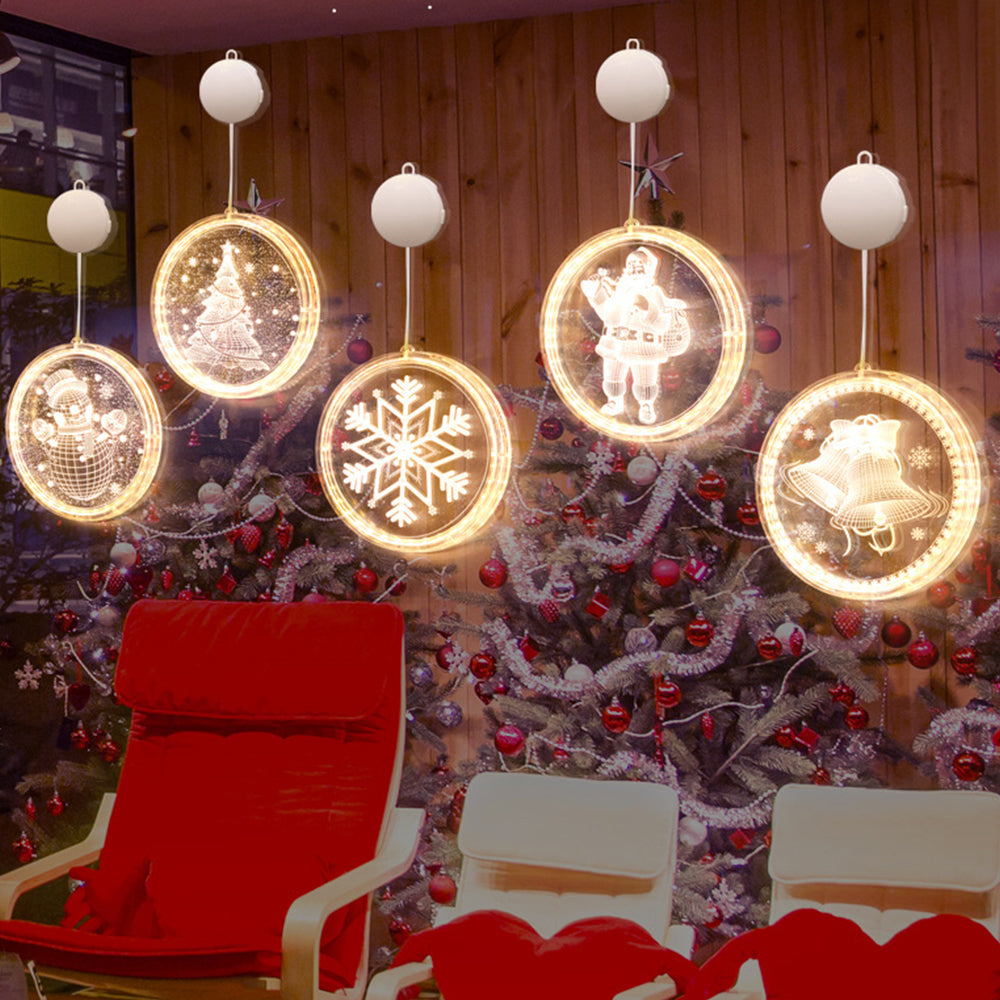 5PCS Christmas Hanging Lights Suction Cups for Window Xmas Decorations LED Lamp for Festival -Bell and Santa Claus and Christmas tree and Snowflake and Snowman