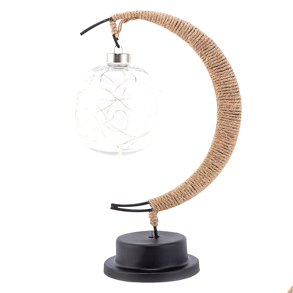 Moon Shape Night Light LED Table Lamp Hemp Rope Star Moon Ball for Bedroom -Warm white