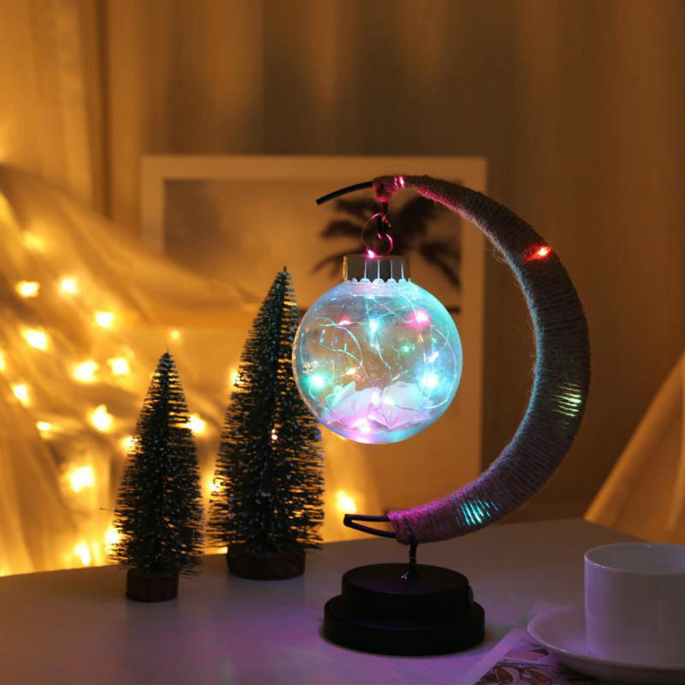 Moon Shape Night Light LED Table Lamp Hemp Rope Star Moon Ball for Bedroom -Multicolor