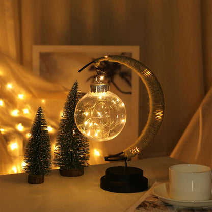 Moon Shape Night Light LED Table Lamp Hemp Rope Star Moon Ball for Bedroom -Warm white