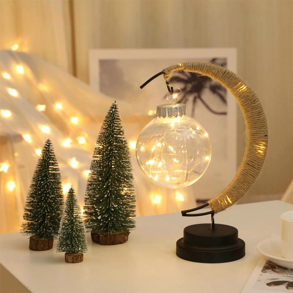 Moon Shape Night Light LED Table Lamp Hemp Rope Star Moon Ball for Bedroom -Warm white