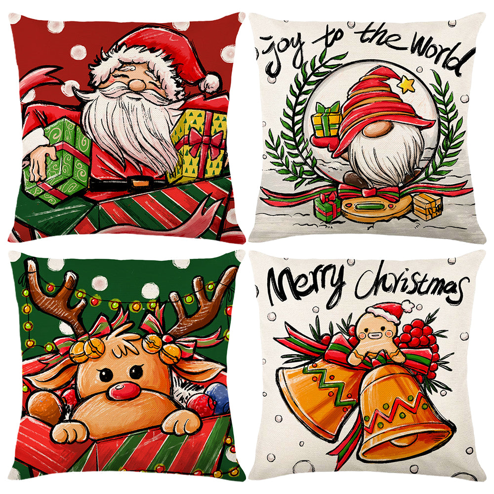 4pcs Pillow Cover Linen Print Santa Claus Elk Cushion Cover for Sofa Home Living Room Decoration -Style 1 and Style 2 and Style 3 and Style 4