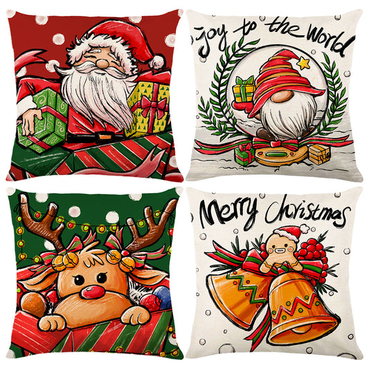 4pcs Pillow Cover Linen Print Santa Claus Elk Cushion Cover for Sofa Home Living Room Decoration -Style 1 and Style 2 and Style 3 and Style 4