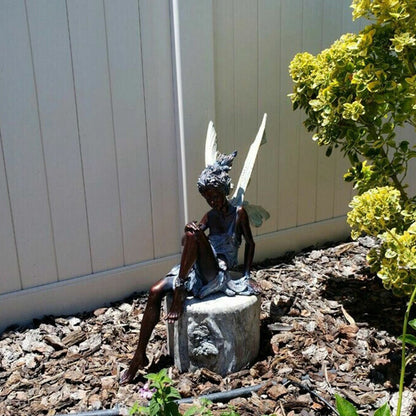 Sitting Fairy Statue Resin Garden Ornament Flower Fairy Statue with Wing Sculpture Decoration-Brown