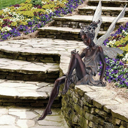 2pcs Sitting Fairy Statue Resin Garden Ornament Flower Fairy Statue with Wing Sculpture Decoration-Brown