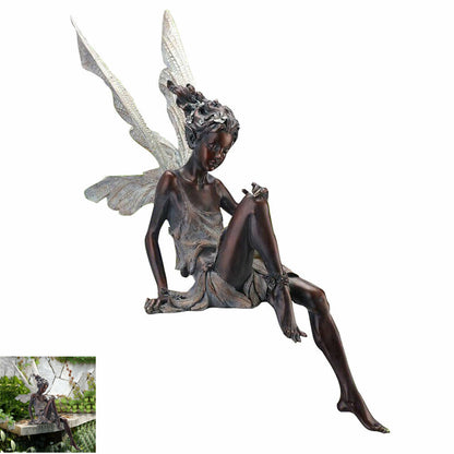 Sitting Fairy Statue Resin Garden Ornament Flower Fairy Statue with Wing Sculpture Decoration-Brown