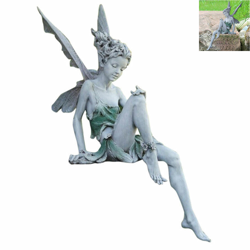 Sitting Fairy Statue Resin Garden Ornament Flower Fairy Statue with Wing Sculpture Decoration-White