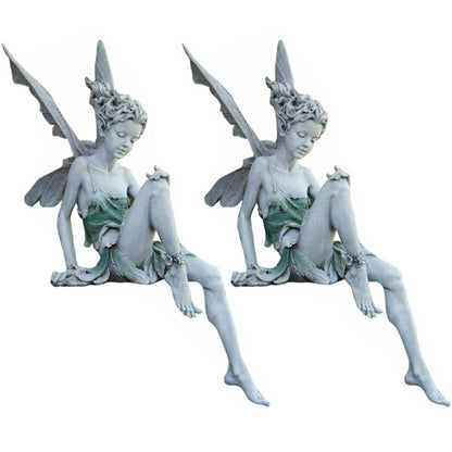 2pcs Sitting Fairy Statue Resin Garden Ornament Flower Fairy Statue with Wing Sculpture Decoration-White