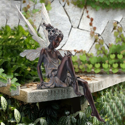 Sitting Fairy Statue Resin Garden Ornament Flower Fairy Statue with Wing Sculpture Decoration-Brown