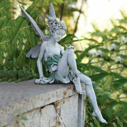 Sitting Fairy Statue Resin Garden Ornament Flower Fairy Statue with Wing Sculpture Decoration-White