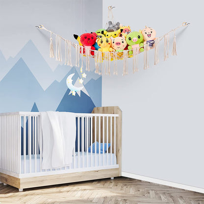 Boho Plush Toy Hammock Net Organizer Stuffed Animals Hanging Toys Kids Room Storage -White Net