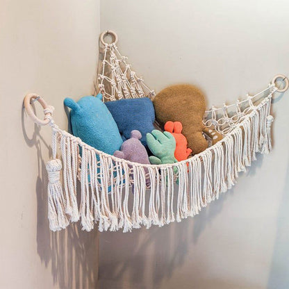 Boho Plush Toy Hammock Net Organizer Stuffed Animals Hanging Toys Kids Room Storage -White Net