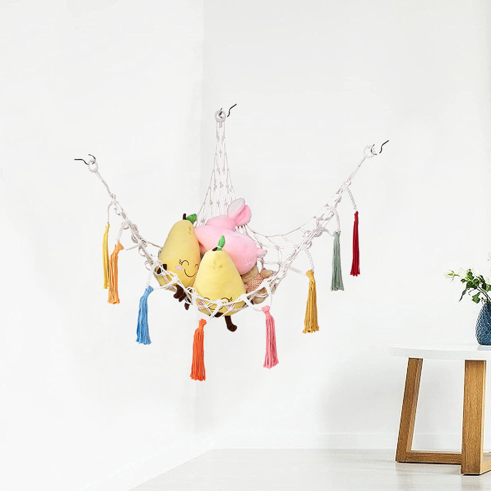 Boho Plush Toy Hammock Net Organizer Stuffed Animals Hanging Toys Kids Room Storage -White Net with Colourful Tassel