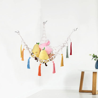 Boho Plush Toy Hammock Net Organizer Stuffed Animals Hanging Toys Kids Room Storage -White Net with Colourful Tassel