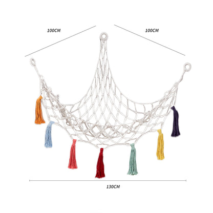 Boho Plush Toy Hammock Net Organizer Stuffed Animals Hanging Toys Kids Room Storage -White Net with Colourful Tassel