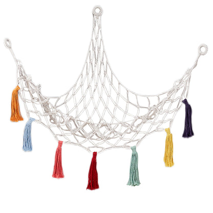 Boho Plush Toy Hammock Net Organizer Stuffed Animals Hanging Toys Kids Room Storage -White Net with Colourful Tassel