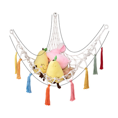 Boho Plush Toy Hammock Net Organizer Stuffed Animals Hanging Toys Kids Room Storage -White Net with Colourful Tassel