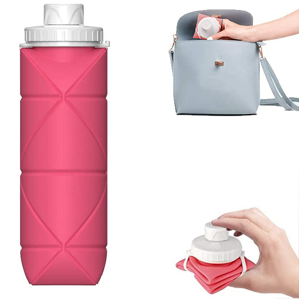 Foldable Collapsible Water Bottle Silicone Leak-proof Reusable Travel -Pink