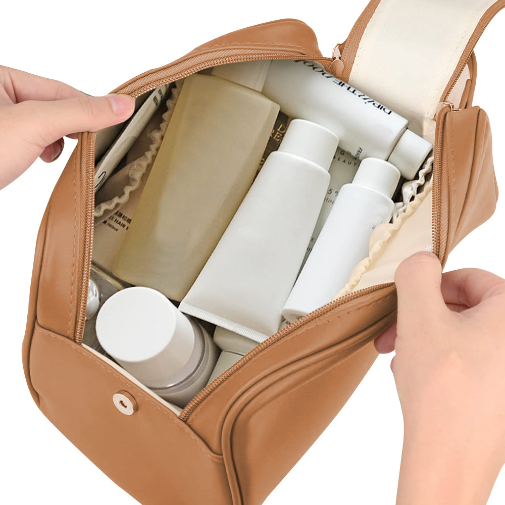Double Zipper Cosmetic Bag Makeup Organizer Travel Toiletry Bag -Brown