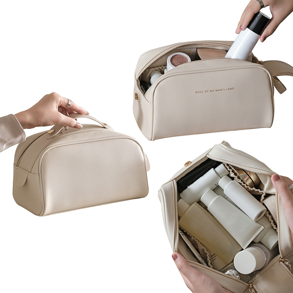 Double Zipper Cosmetic Bag Makeup Organizer Travel Toiletry Bag -White