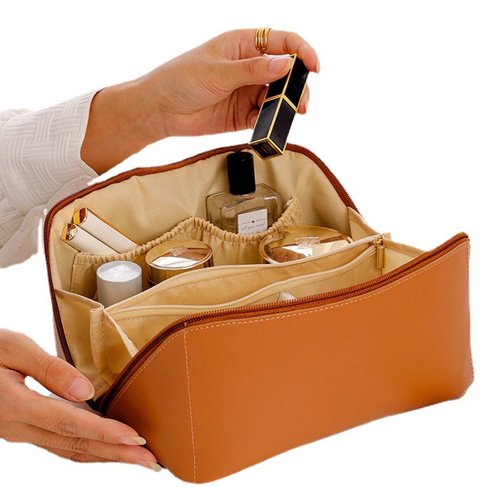 Large Capacity Travel Cosmetic Bag Makeup Organizer with Brushes Slots Divider -Brown