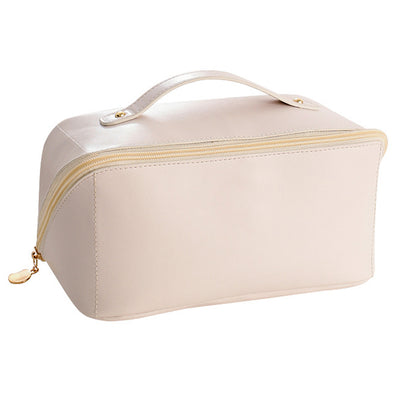 Large Capacity Travel Cosmetic Bag Makeup Organizer with Brushes Slots Divider -Beige