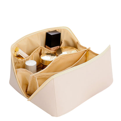 Large Capacity Travel Cosmetic Bag Makeup Organizer with Brushes Slots Divider -Beige