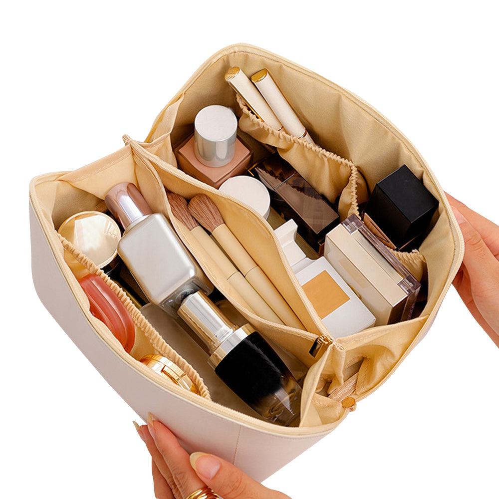 Large Capacity Travel Cosmetic Bag Makeup Organizer with Brushes Slots Divider -Beige