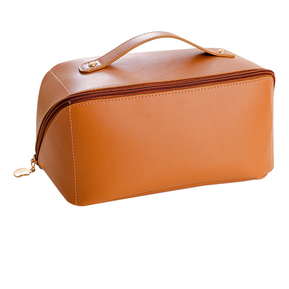 Large Capacity Travel Cosmetic Bag Makeup Organizer with Brushes Slots Divider -Brown