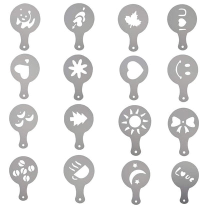 Stainless Steel Icing Sugar Cocoa Coffee Shaker with 16 Piece Coffee Stencils Set