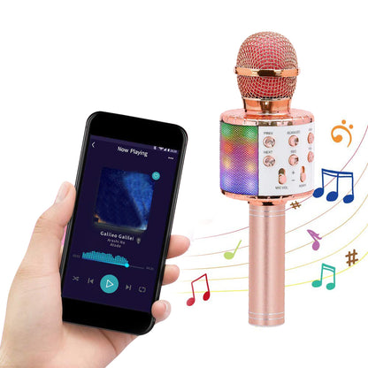 Karaoke Microphone for Kids Portable Wireless Bluetooth Singing Microphone with LED Lights -Rose Gold