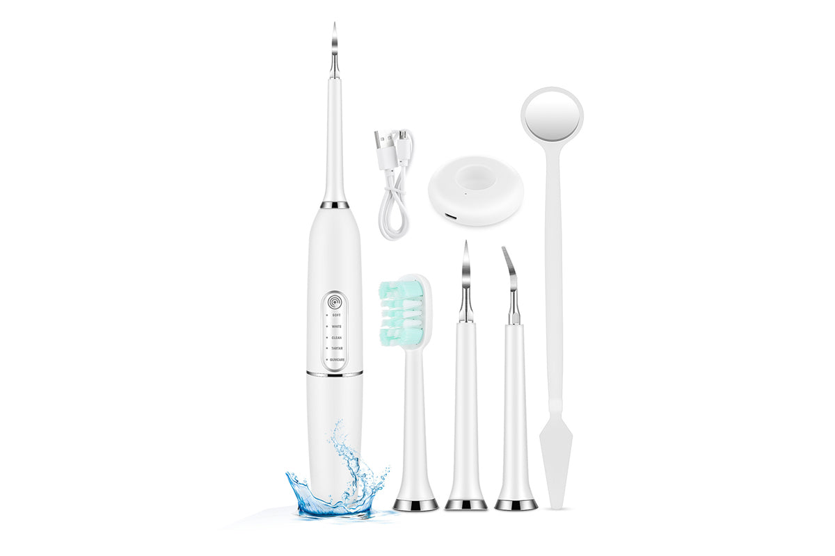 Tooth Cleaning Tool Kit Electric Dental Calculus Remover with Replaceable Clean Heads-White