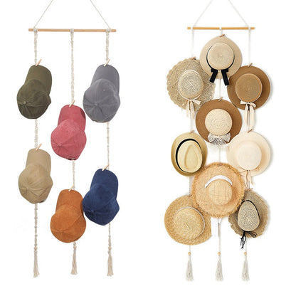 Boho Caps Storage Display Rack with Decorative Tassels for Baseball Caps Wide Brim Hats