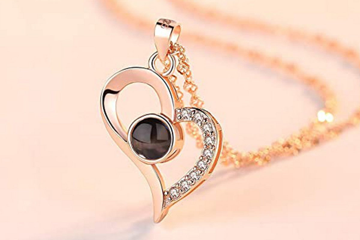 I Love You Necklace and Storage Box Set Heart Pendant Necklace with 100 Languages Projection for Valentine Day-Rose gold