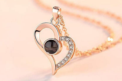 I Love You Necklace and Storage Box Set Heart Pendant Necklace with 100 Languages Projection for Valentine Day-Rose gold