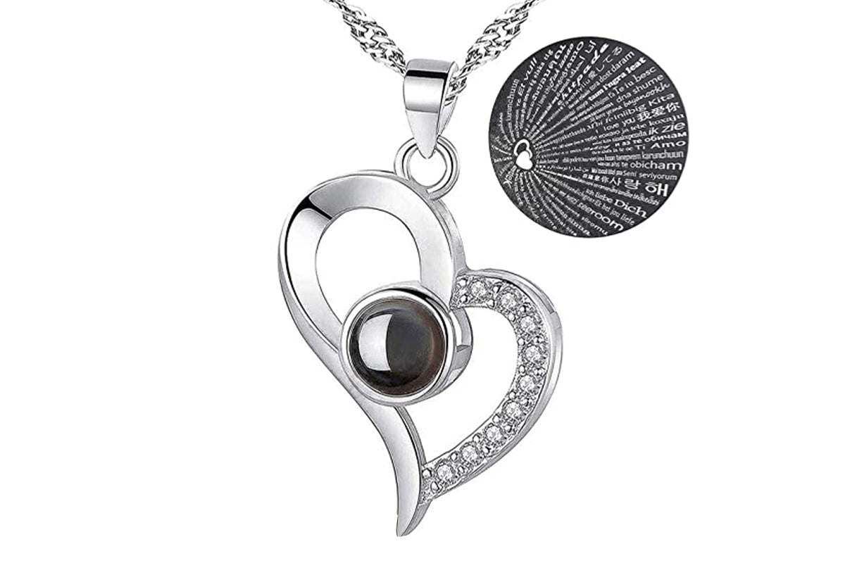 I Love You Necklace and Storage Box Set Heart Pendant Necklace with 100 Languages Projection for Valentine Day-Silver