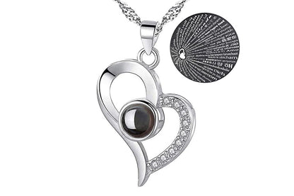 I Love You Necklace and Storage Box Set Heart Pendant Necklace with 100 Languages Projection for Valentine Day-Silver