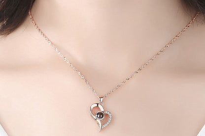 I Love You Necklace and Storage Box Set Heart Pendant Necklace with 100 Languages Projection for Valentine Day-Silver