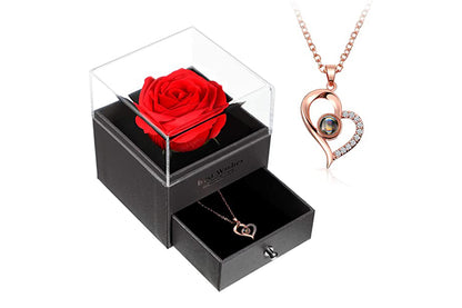 I Love You Necklace and Storage Box Set Heart Pendant Necklace with 100 Languages Projection for Valentine Day-Rose gold