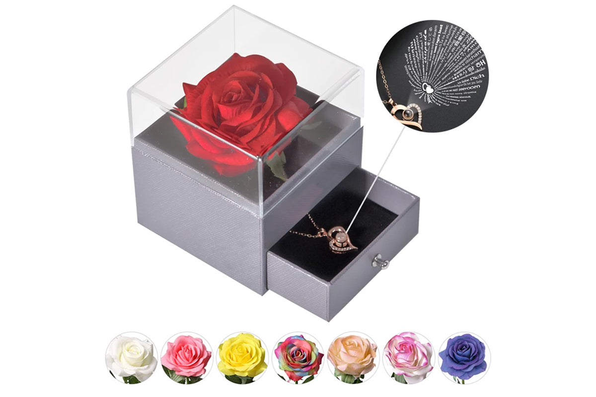 I Love You Necklace and Storage Box Set Heart Pendant Necklace with 100 Languages Projection for Valentine Day-Rose gold