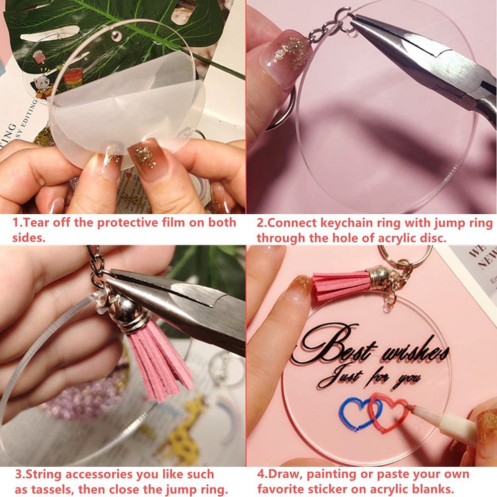 90Pcs DIY Keyring Clear Acrylic Circle Discs Keychain Tassel Pendant Set