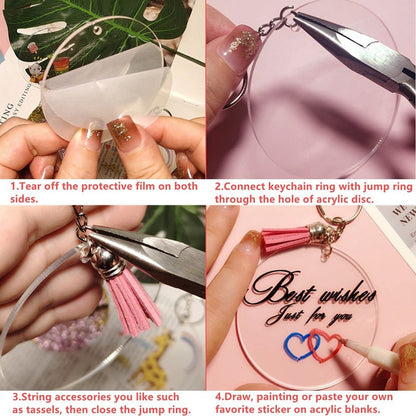 90Pcs DIY Keyring Clear Acrylic Circle Discs Keychain Tassel Pendant Set