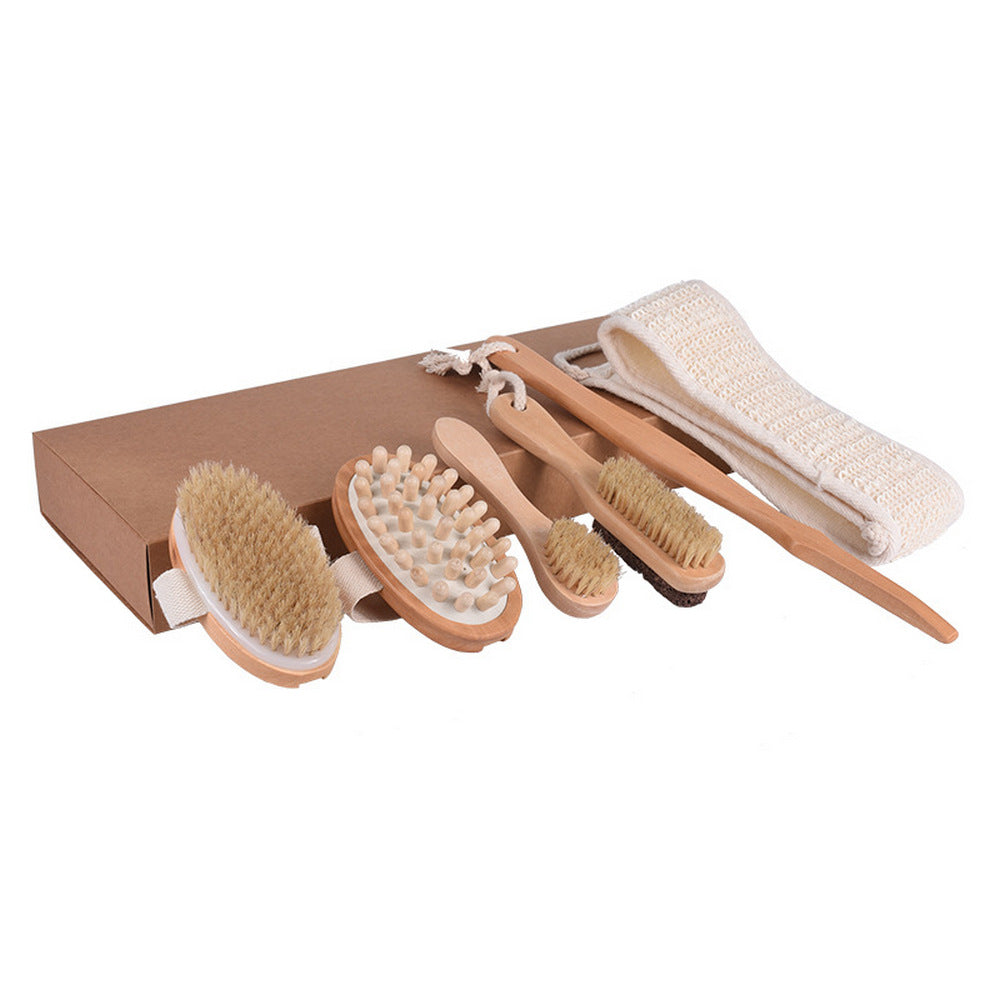 6Pcs Wooden Boar Bristle Body Brush Dry Brushing Set