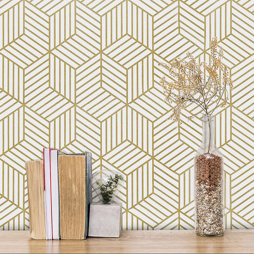 Geometric Stripes Wallpaper Peel and Stick Wallpaper Hexagon Removable Self Adhesive Wallpaper -Gold