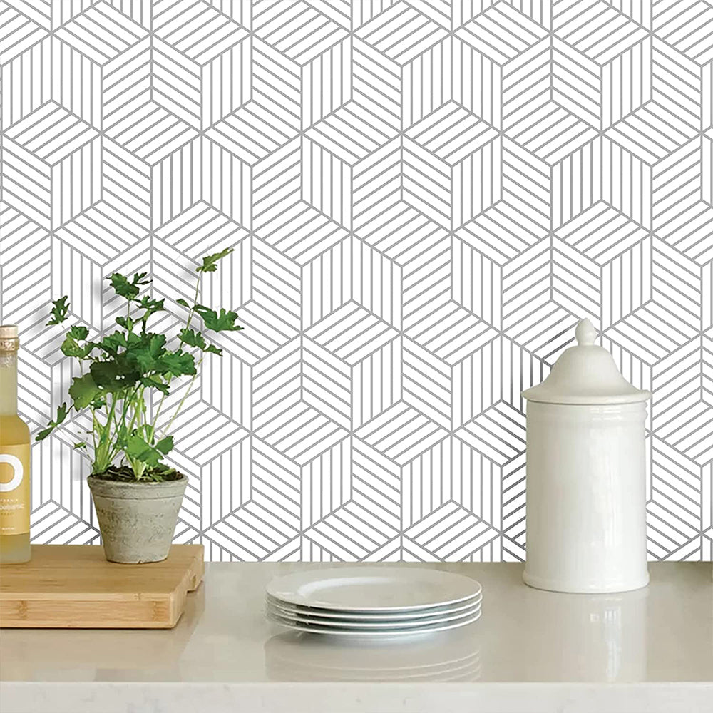 Geometric Stripes Wallpaper Peel and Stick Wallpaper Hexagon Removable Self Adhesive Wallpaper -Silver