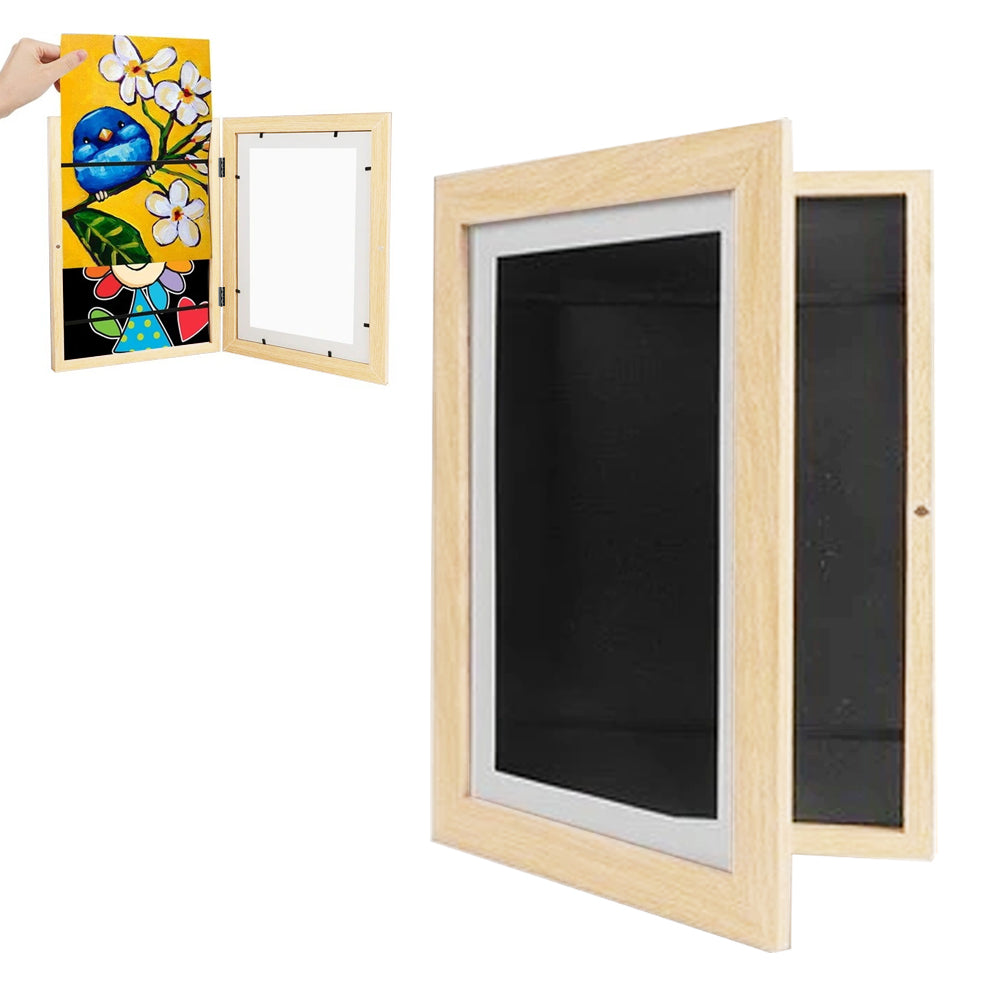 Wall Art 2pcs Kids Art Frames Wooden Artwork Display Holds up to 150 Sheets of A4 Paper -Wood color